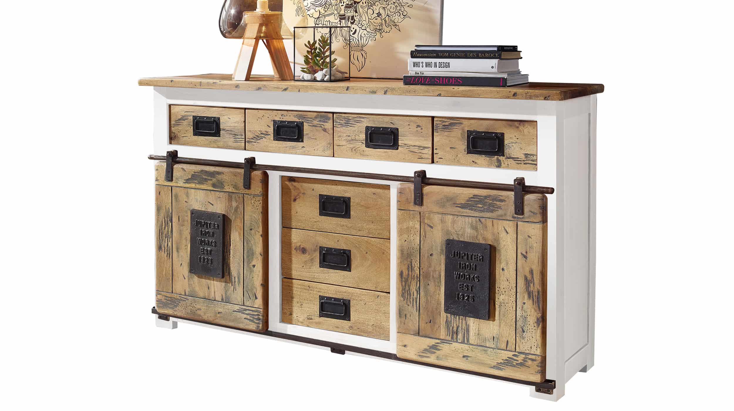 Sideboard mit 2 Rolltüren Mango massiv weiß 150 cm - EMANUEL Sideboard mit 7 Schubladen Mango massiv 150 cm - EMANUEL