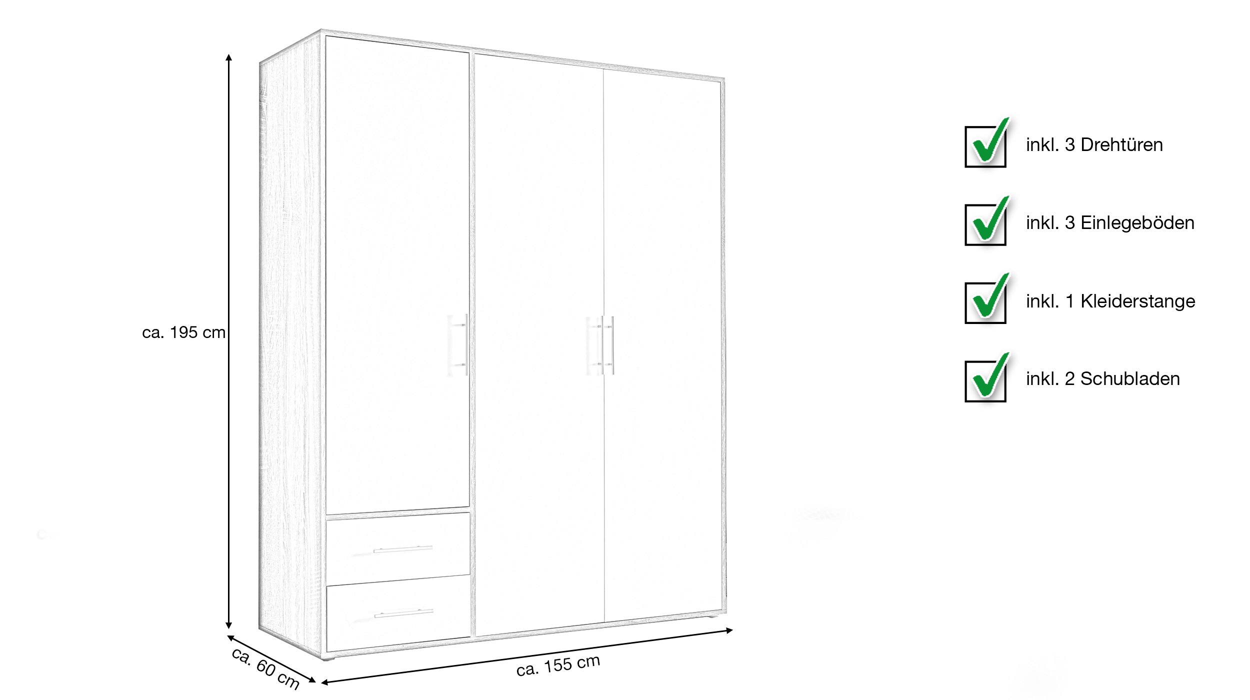Kleiderschrank weiß - Sonoma Eiche - 155 cm - VALBORG