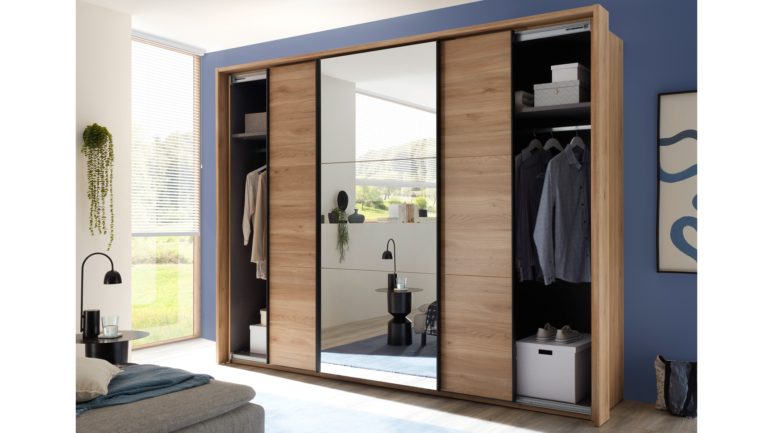 Schwebetürenschrank mit Spiegel 280 cm Eiche - graphit - ASCHAU