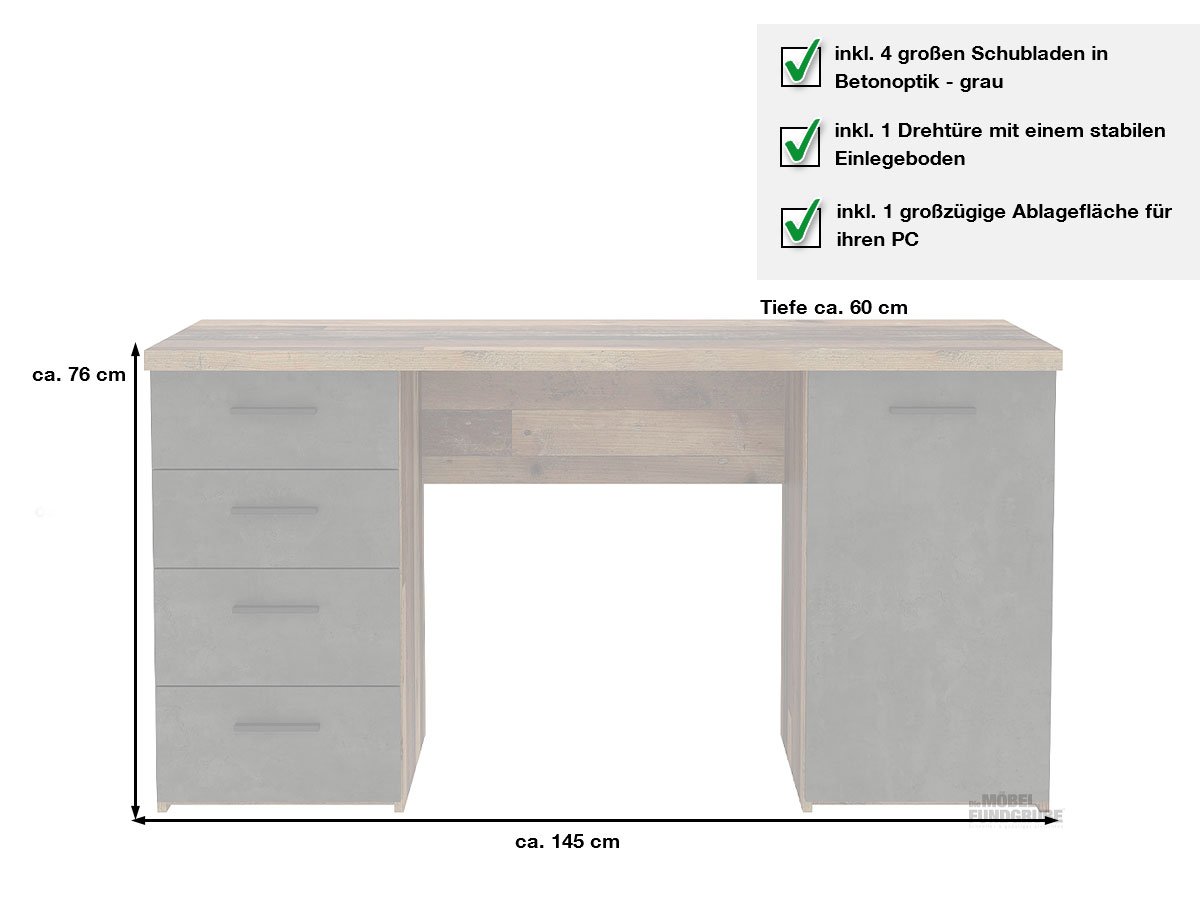 Computerschreibtisch Old Wood - grau 145 cm - NET