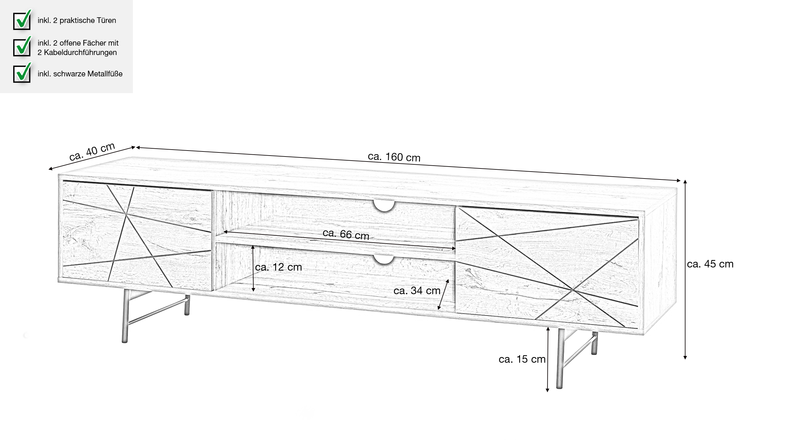 TV - Lowboard Eiche 160 cm - Metallgestell - ELVAR