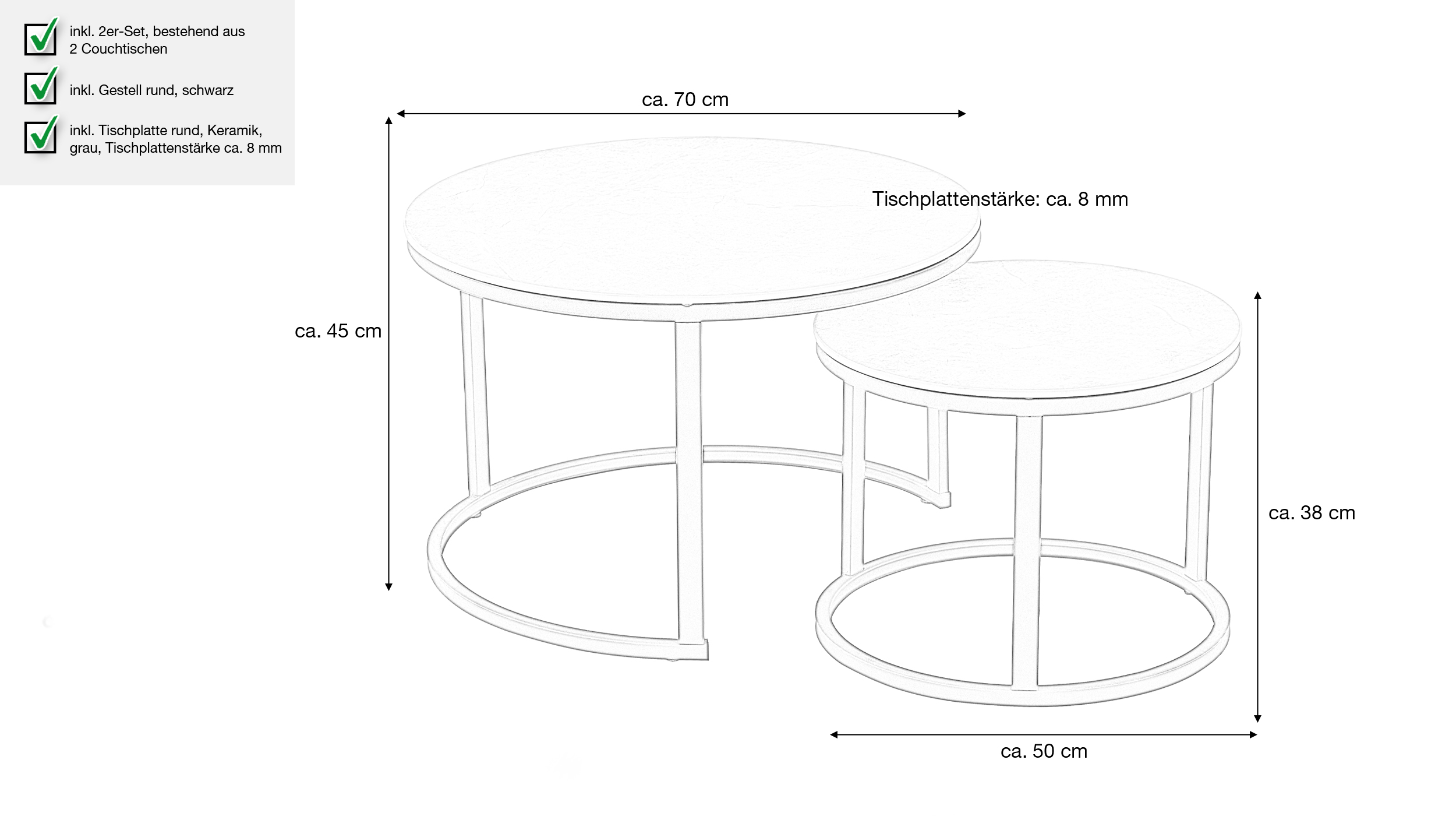 Couchtisch 2er-Set Keramik grau - 70 cm - 50 cm - AMLEKA