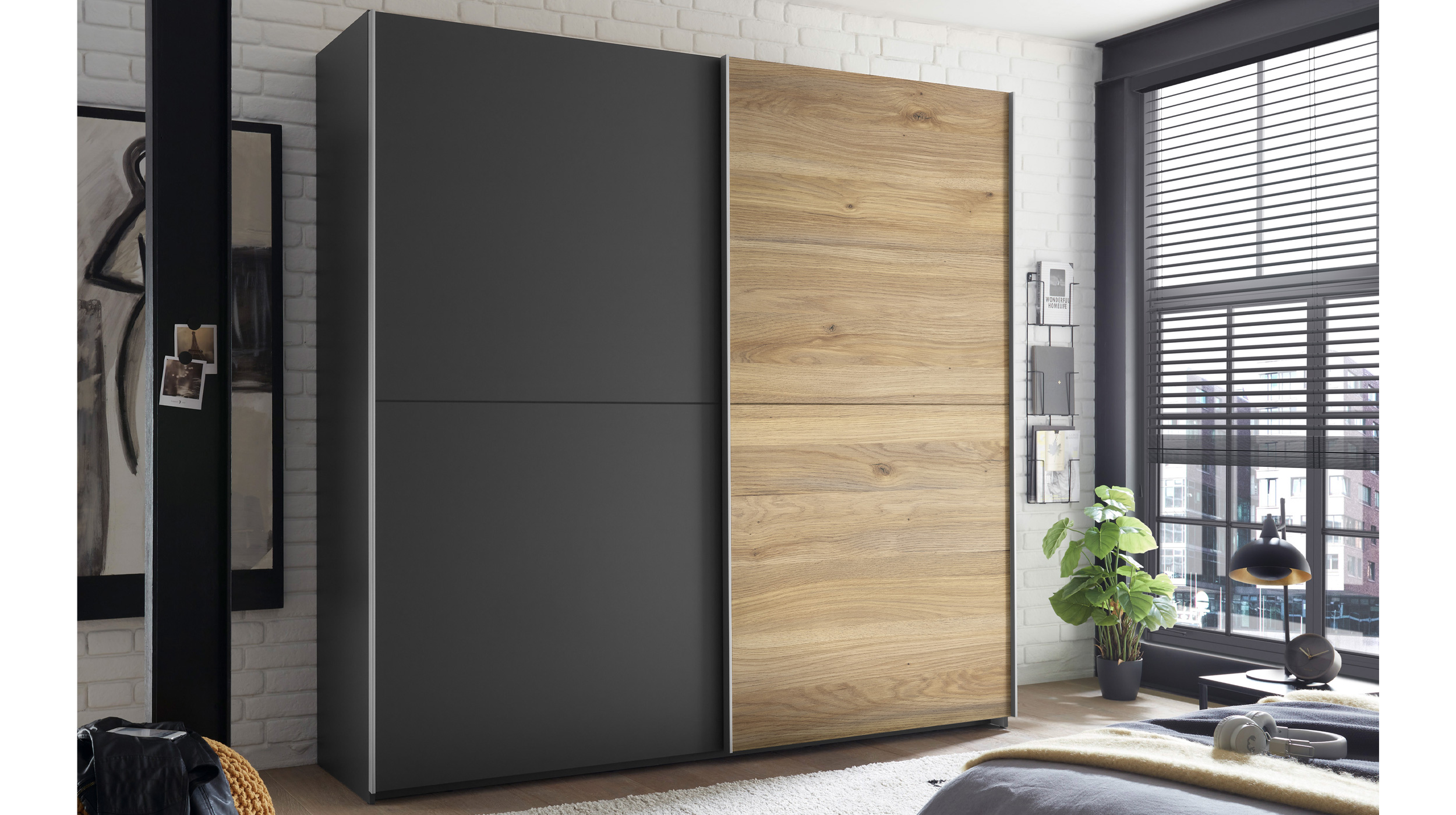 Schwebetürenschrank Eiche graphit - 215 cm - MELTON