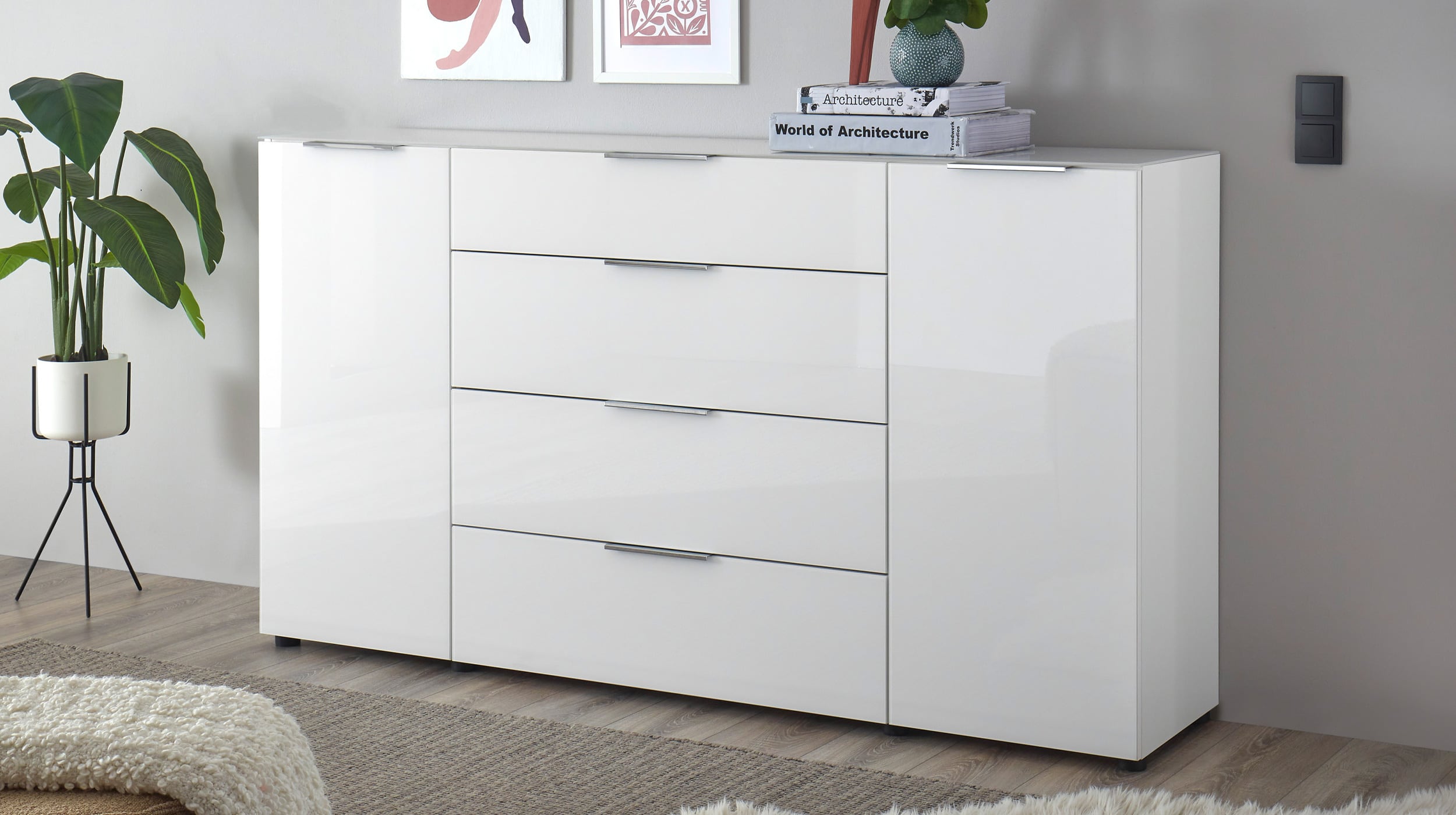 Sideboard mit 4 Schubladen - weiß Glas 180 cm - SANTORIN