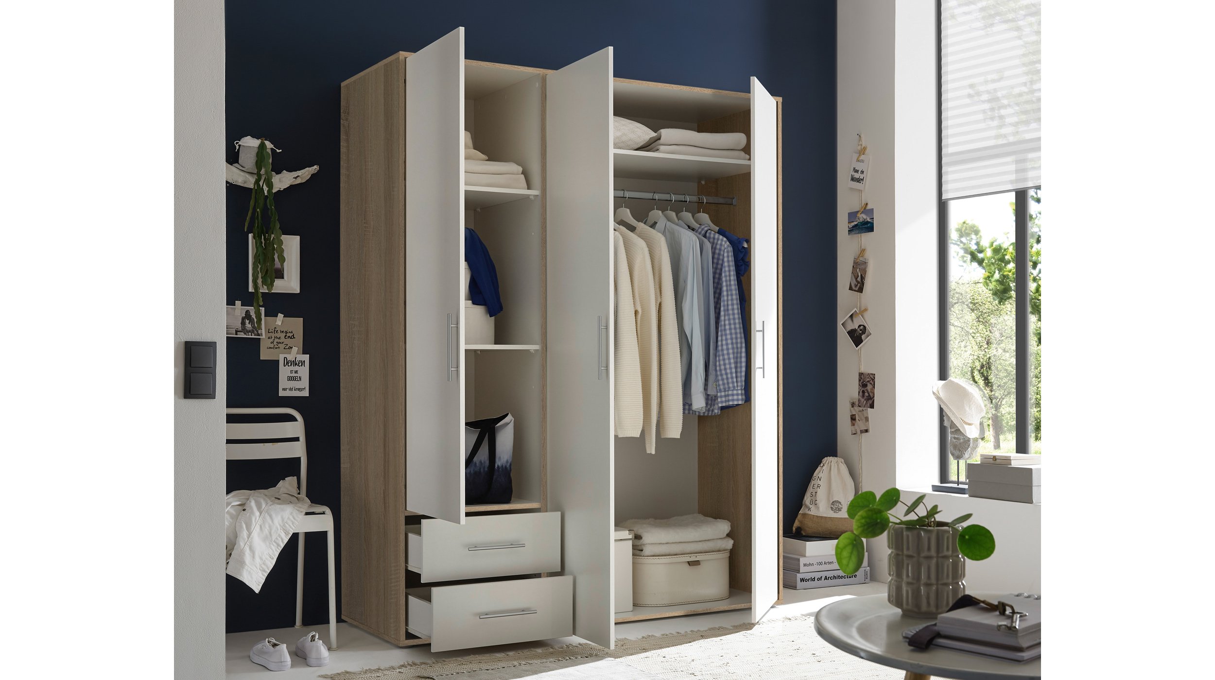 Kleiderschrank weiß - Sonoma Eiche - 155 cm - VALBORG