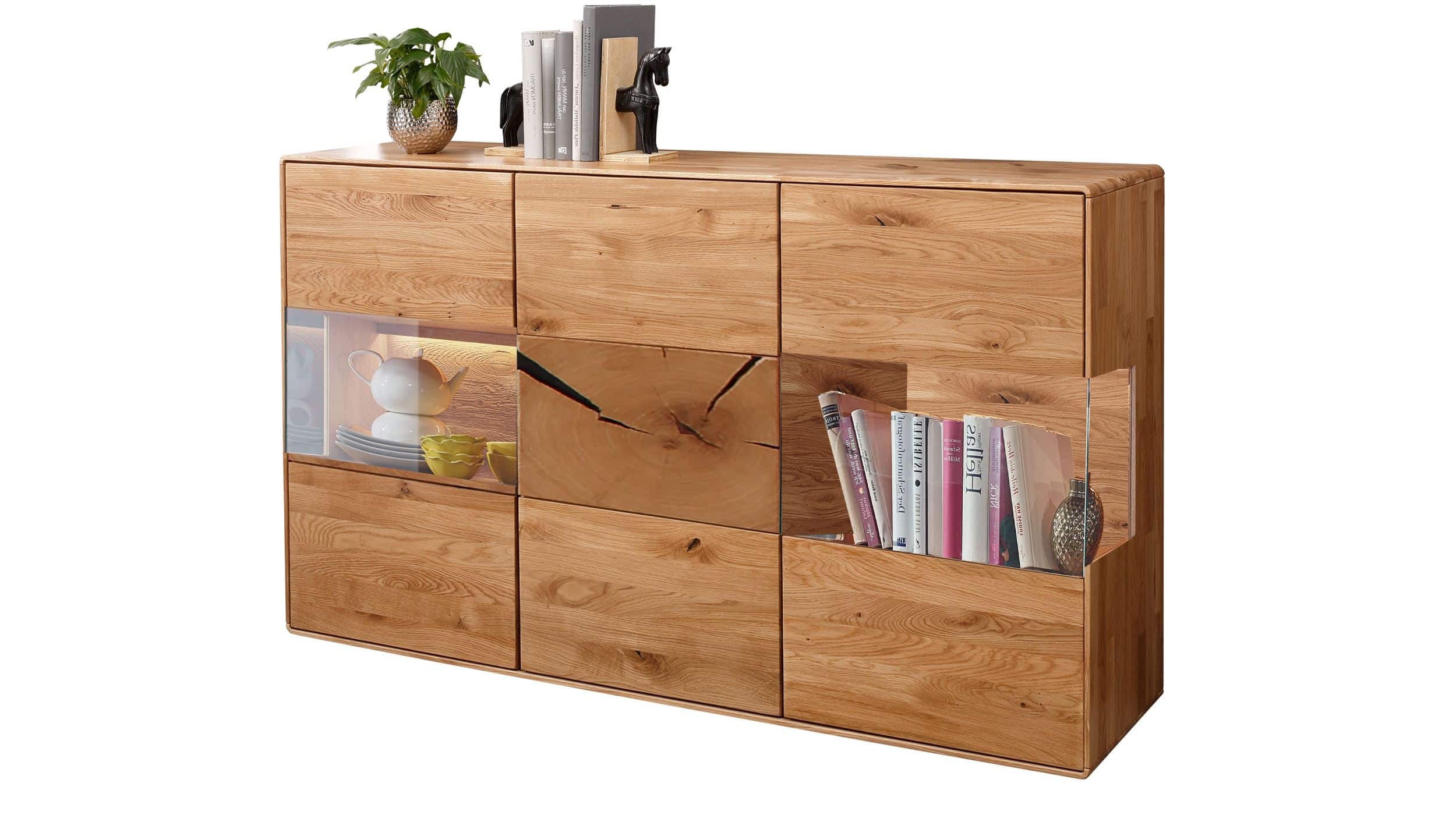Sideboard mit 2 Glastüren Wildeiche massiv geölt 150 cm - TORVEN Sideboard mit 2 Glastüren Wildeiche massiv geölt 150 cm - TORVEN