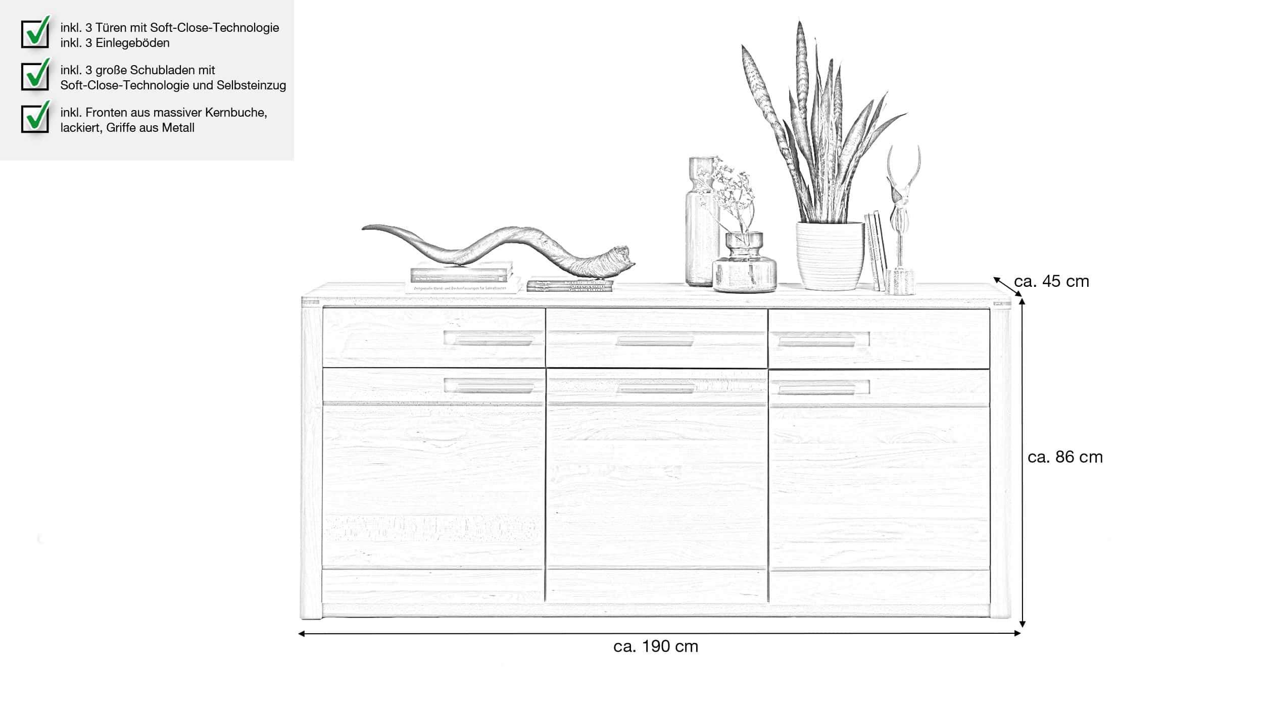 Sideboard mit 3 Schubladen Kernbuche 190 cm - NATURE ONE