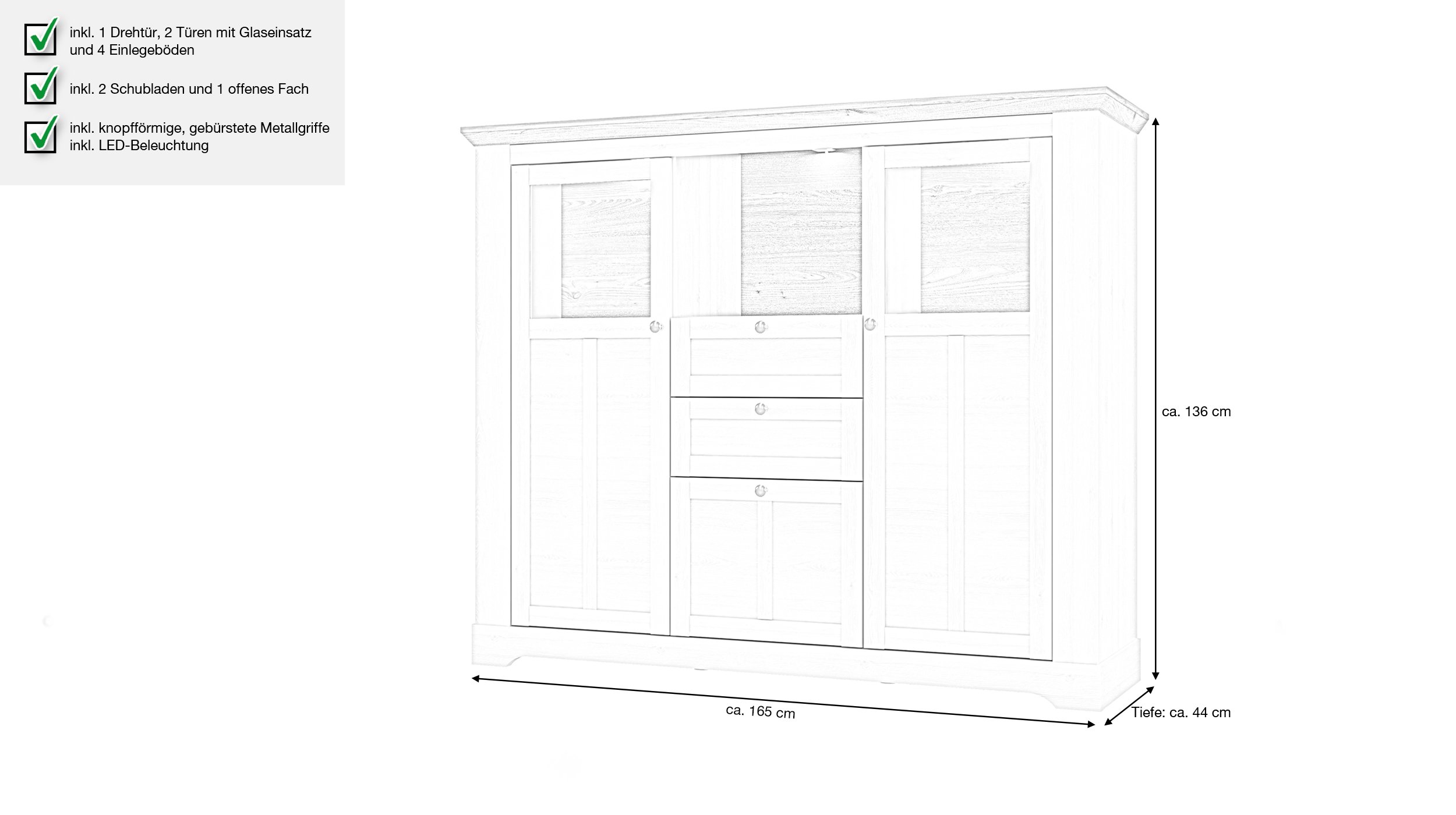 Highboard Schneeeiche 136 cm mit LED - Beleuchtung - ILOPPA