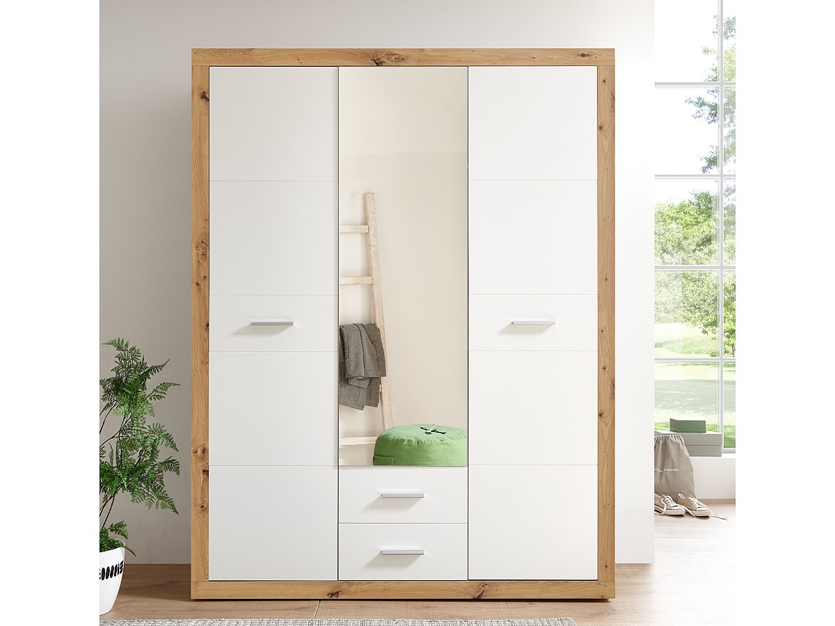 Kleiderschrank mit Spiegel - Artisan Eiche - weiß - 151 cm - STONE