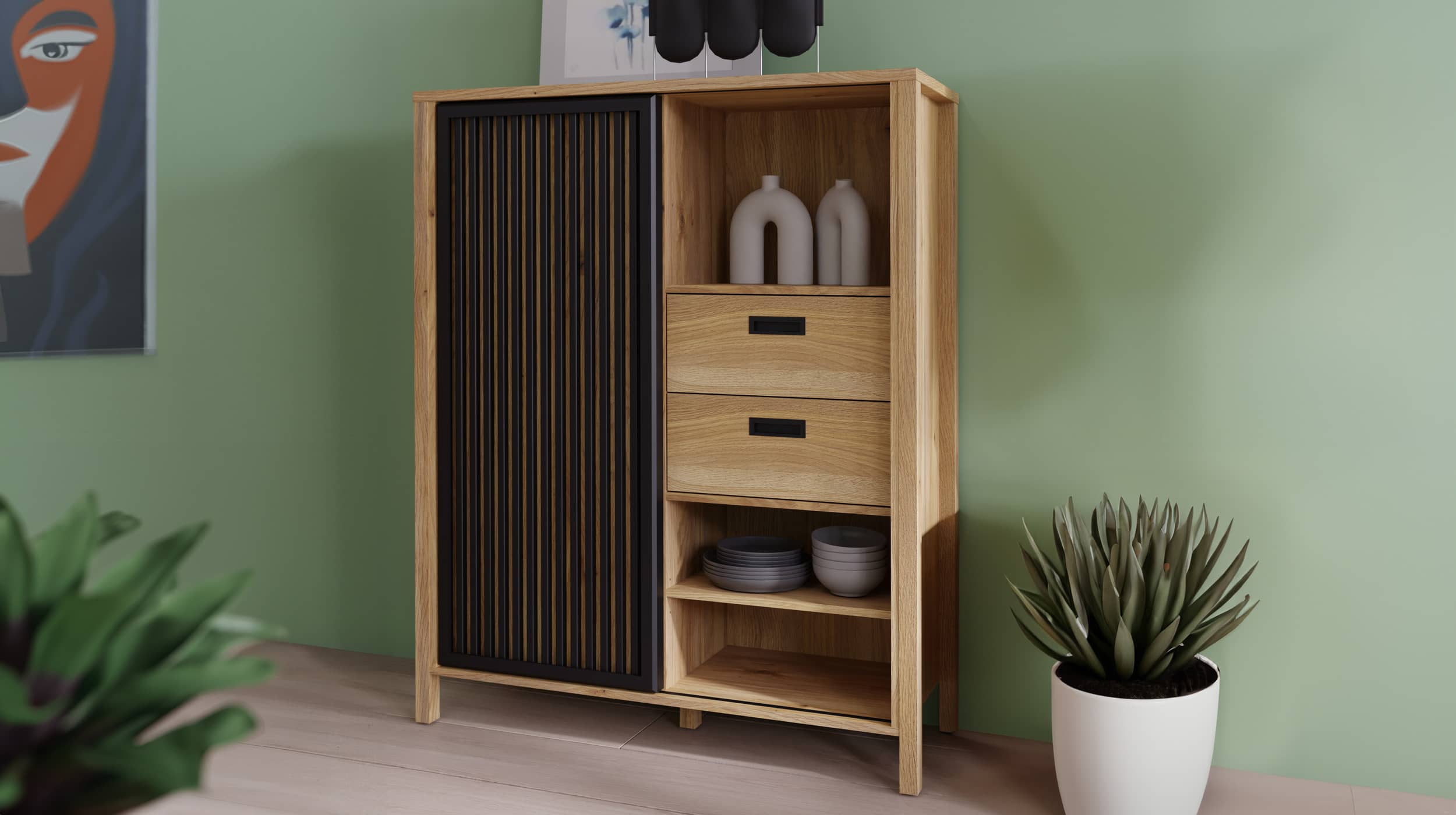  Highboard Mauvella Oak Eiche - schwarz 103 cm - JYTANA 