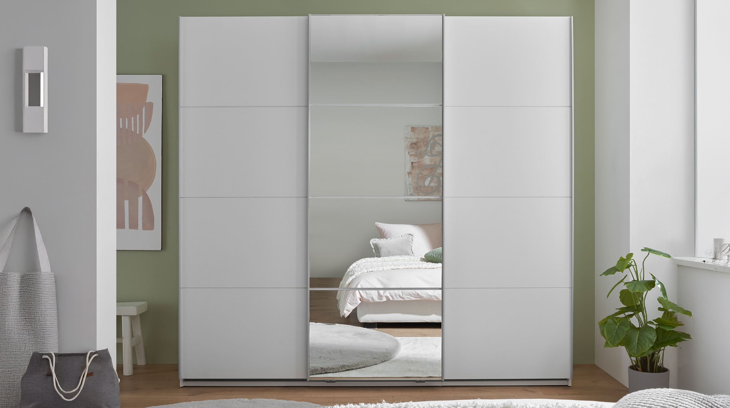 Schwebetürenschrank mit Spiegel weiß 215 cm - 3-türig - CARANO