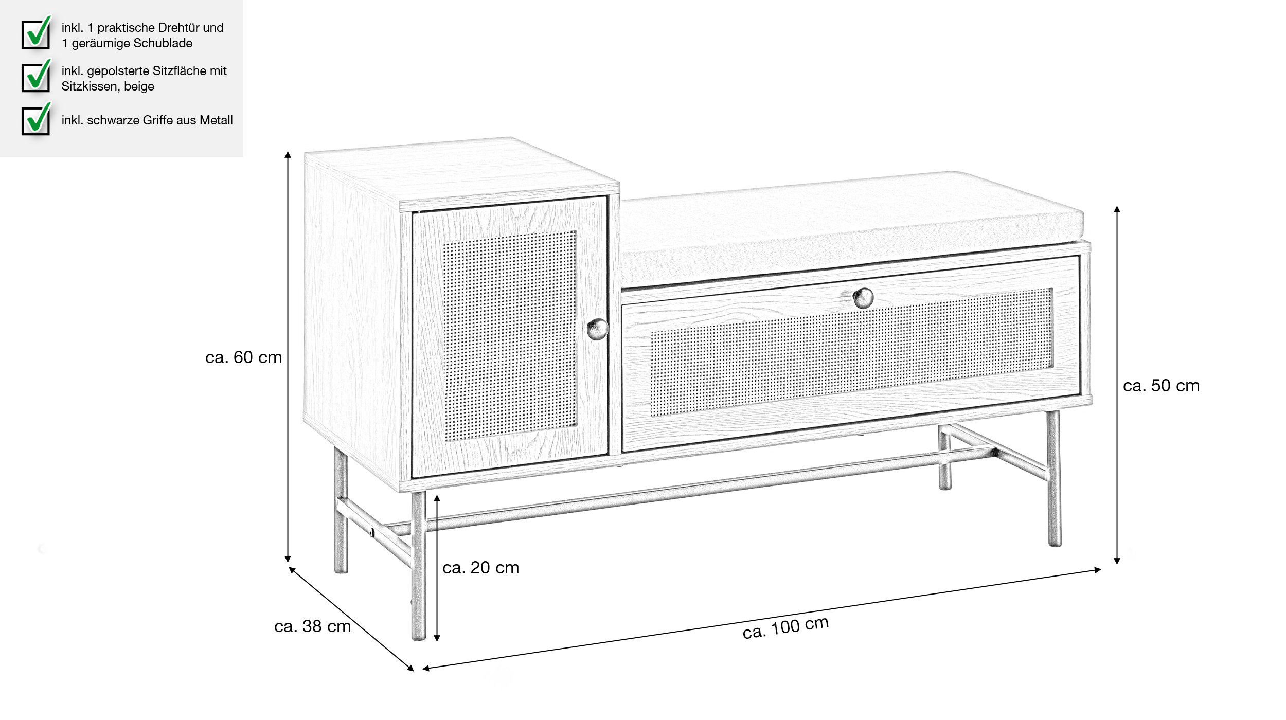 Garderobenbank Eiche Holzdekor - Rattan B 100 x H 60 cm - RATVAN