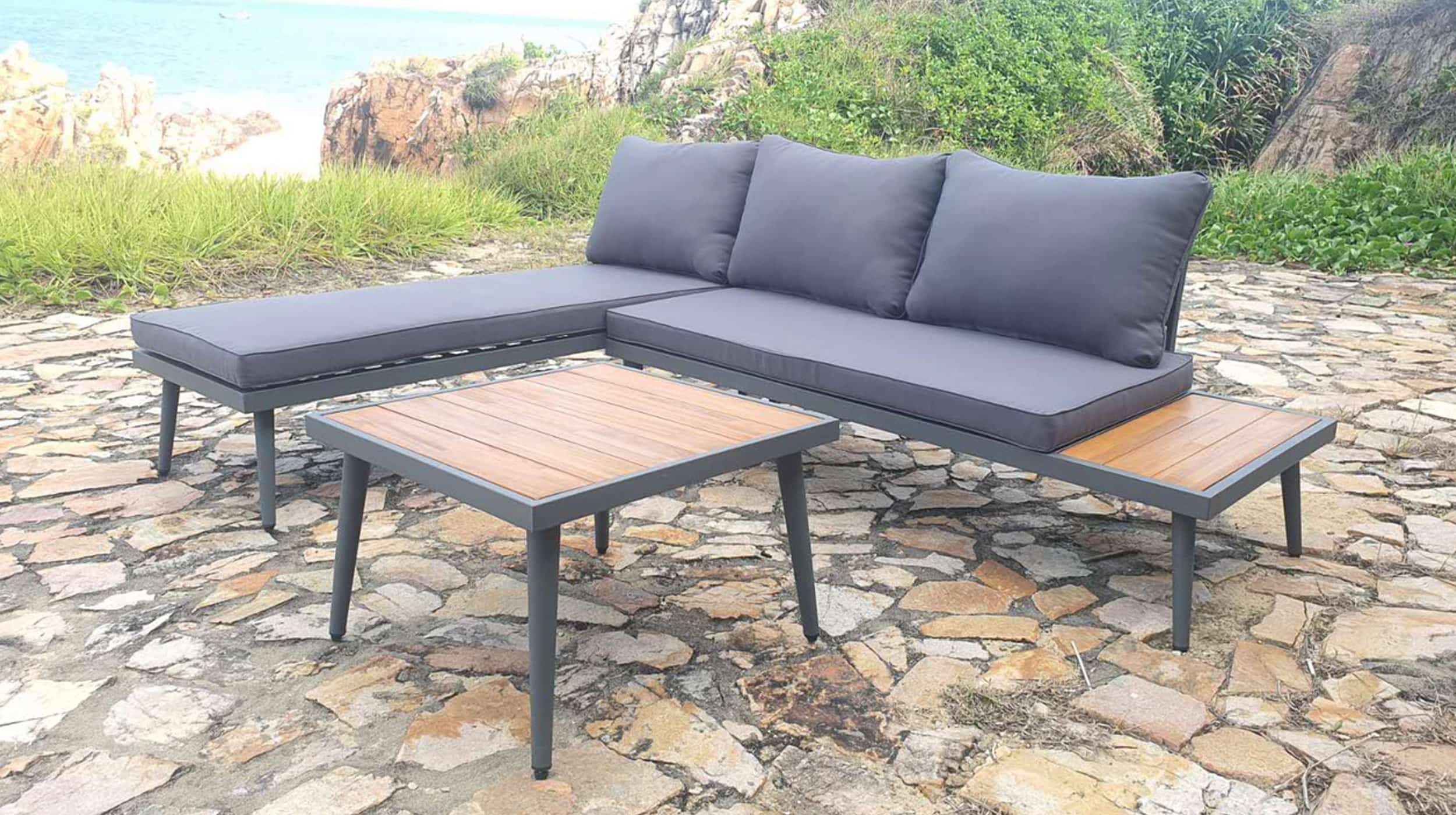 Gartenmöbel Lounge Set 216 x 147 cm grau - Akazien-Optik - SAVINA