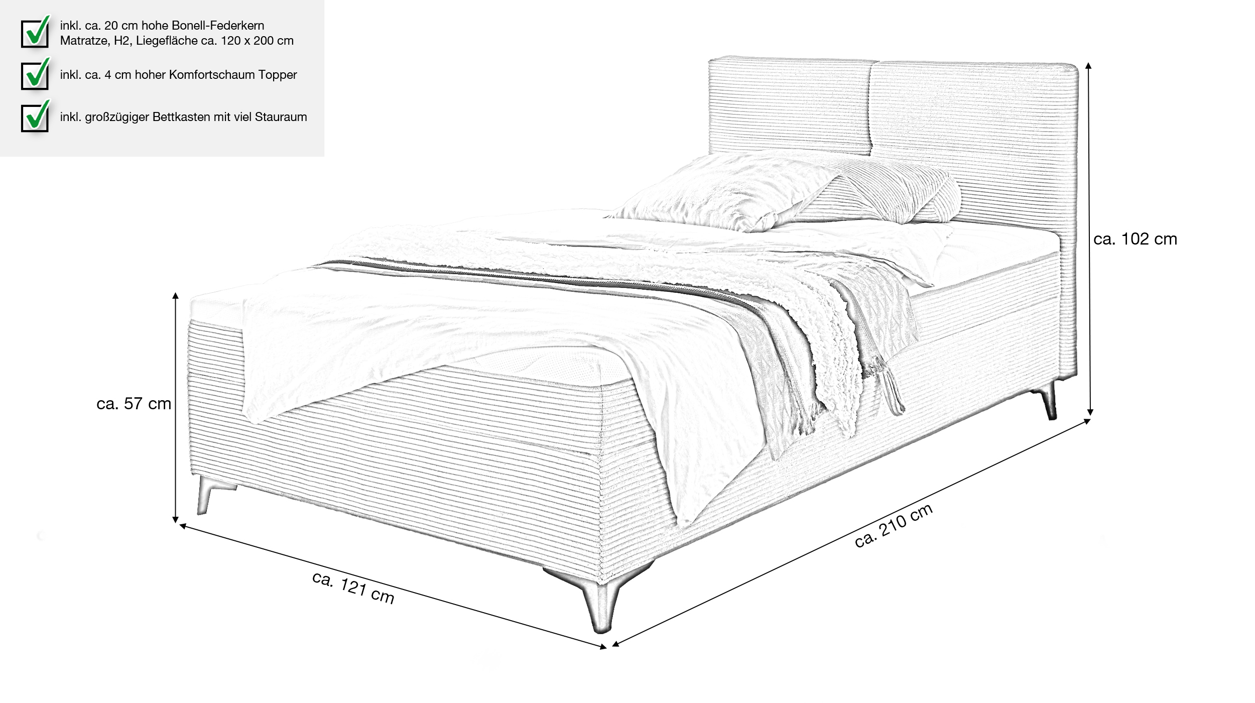 Boxbett Cord grau 120 x 200 cm mit Bettkasten - ANDON