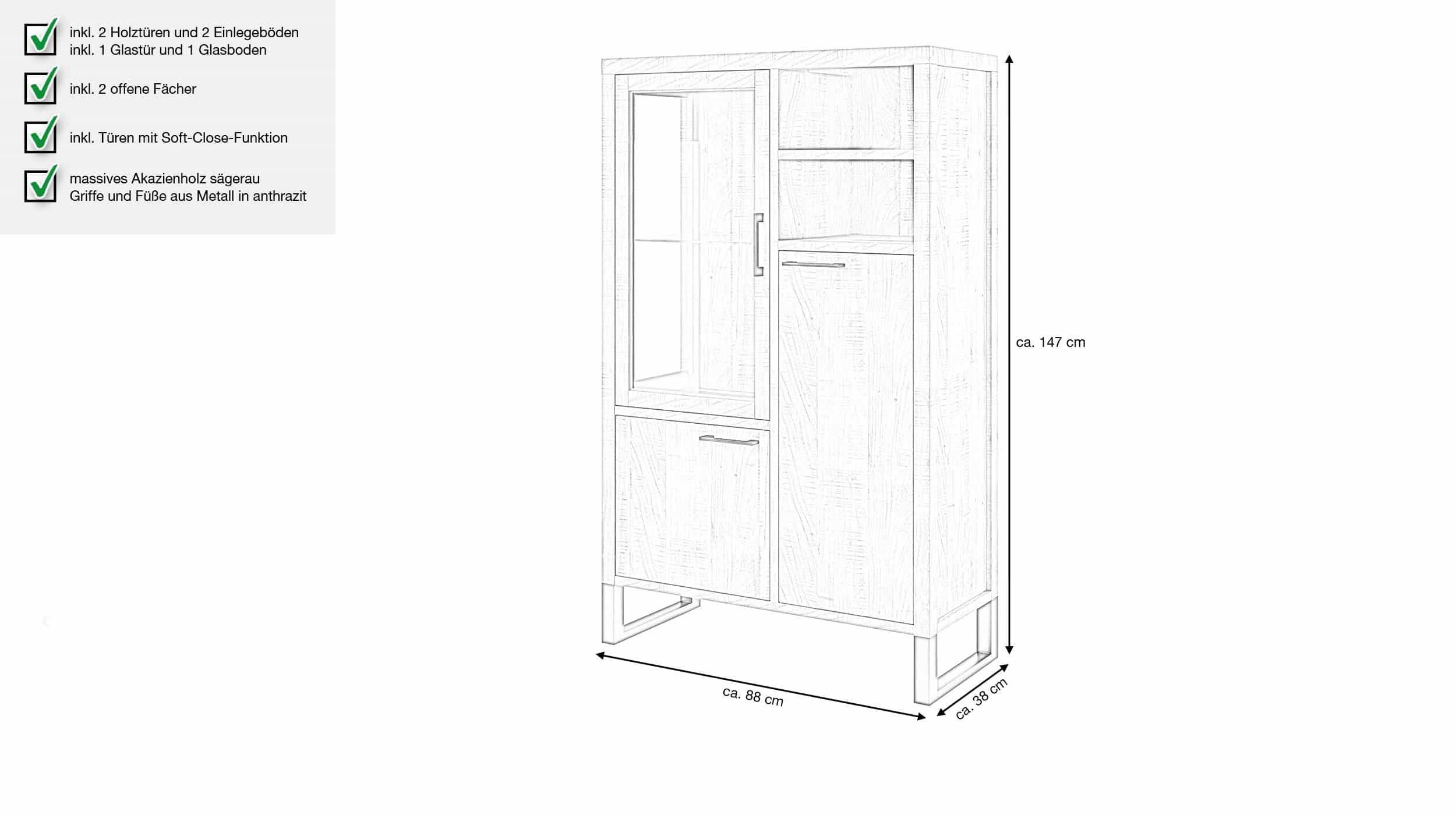 Highboard 1 Glastür Akazie massiv 88 cm - BENIKO